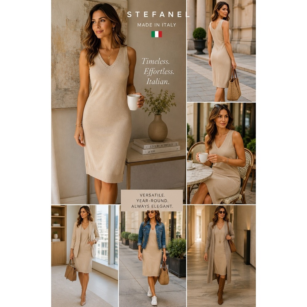 Stefanel Italy Made Fine Gauge Knit Sweater Dress Sz S Oatmeal Beige V-Neck $136